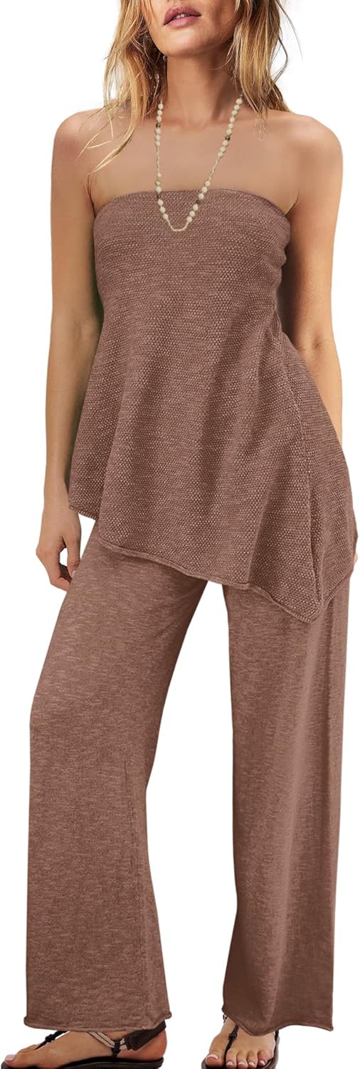 Trendy Two Piece Set – Strapless Knit Top & Wide Leg Pants