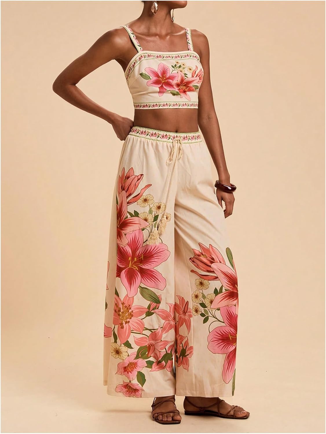 Floral Two Piece Set – Crop Top & Boho Wide Leg Pants