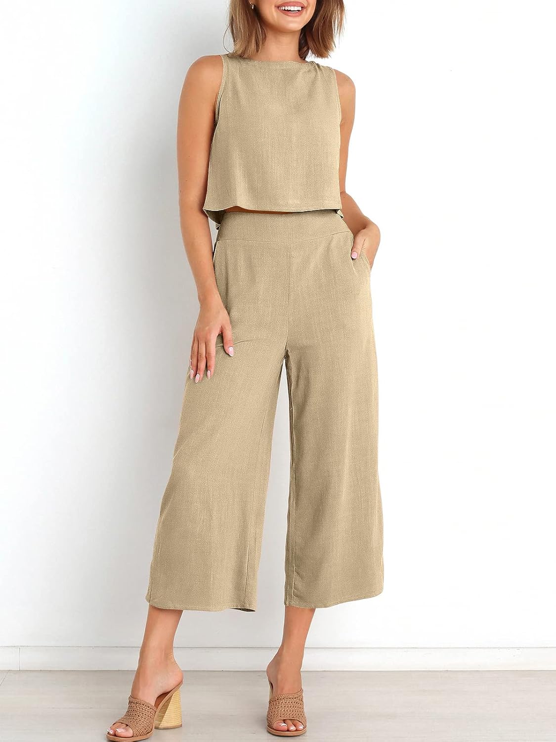 Two Piece Set – Sleeveless Crop Top & Wide Leg Pants