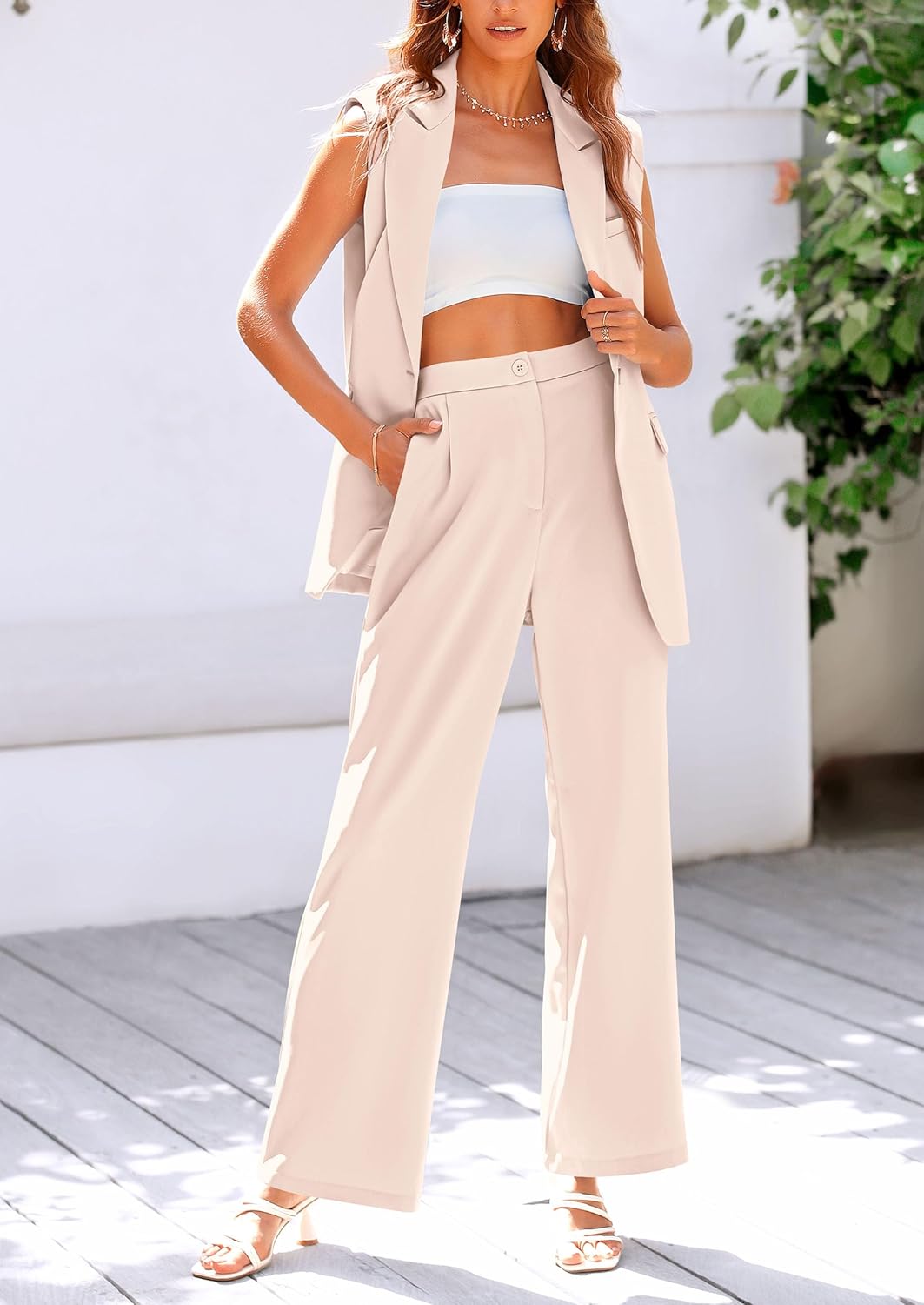 Stylish Two Piece Suit Set – Sleeveless Blazer Vest & Wide Leg Pants