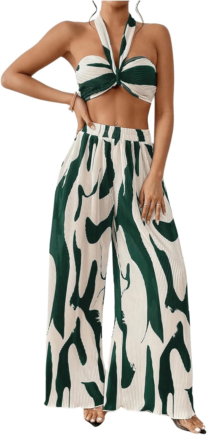 Two Piece Set – Halter Crop Top & Wide Leg Pants