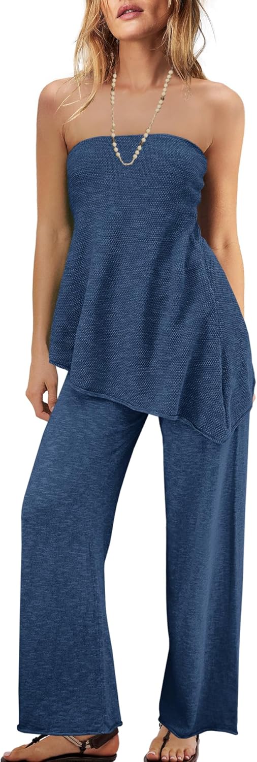 Trendy Two Piece Set – Strapless Knit Top & Wide Leg Pants