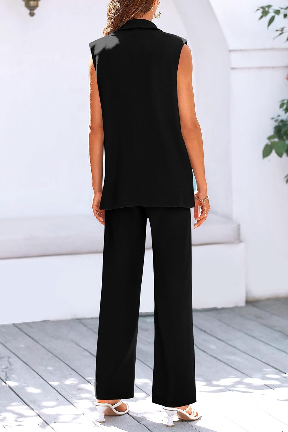 Stylish Two Piece Suit Set – Sleeveless Blazer Vest & Wide Leg Pants
