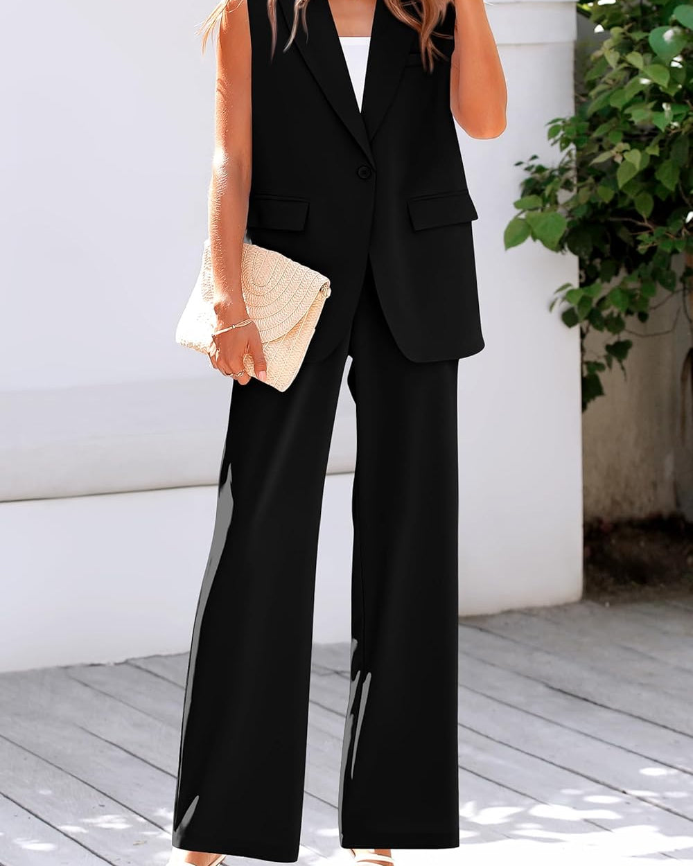 Stylish Two Piece Suit Set – Sleeveless Blazer Vest & Wide Leg Pants