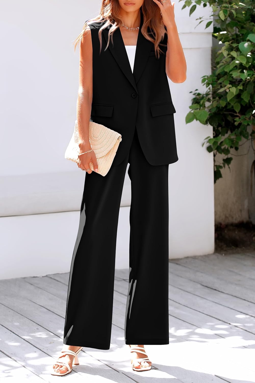 Stylish Two Piece Suit Set – Sleeveless Blazer Vest & Wide Leg Pants
