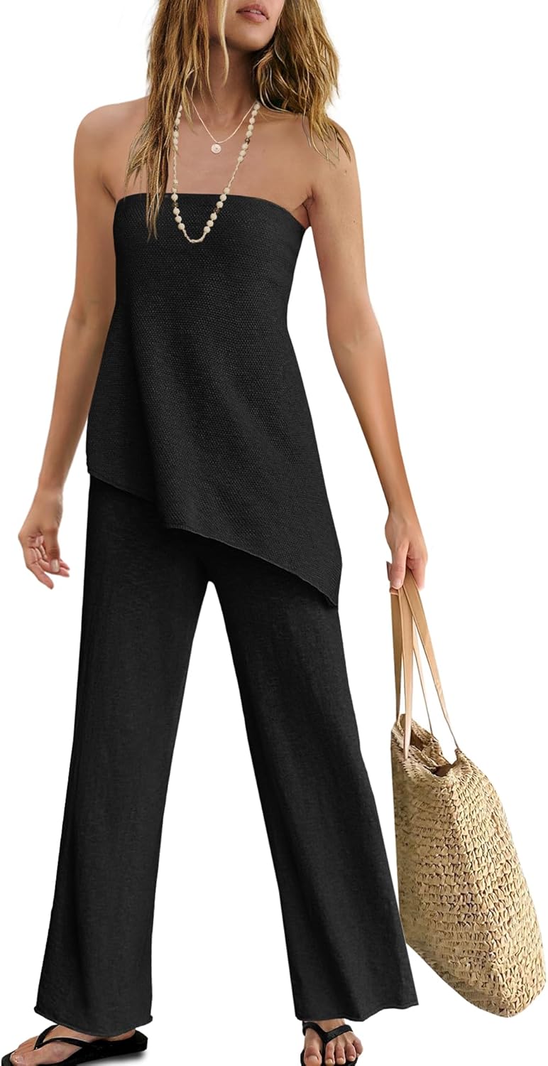 Trendy Two Piece Set – Strapless Knit Top & Wide Leg Pants