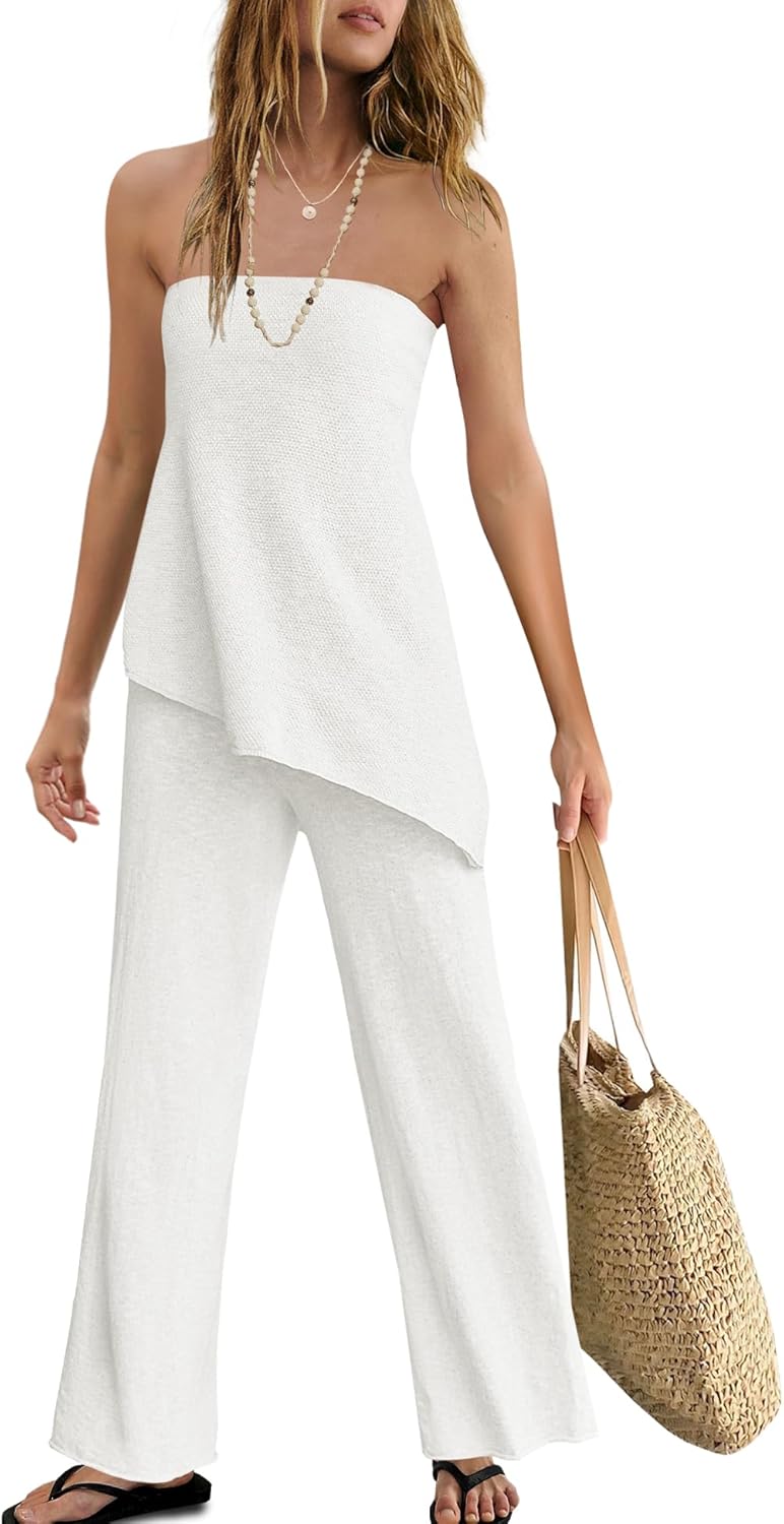 Trendy Two Piece Set – Strapless Knit Top & Wide Leg Pants
