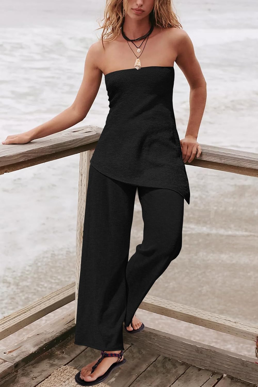 Trendy Two Piece Set – Strapless Knit Top & Wide Leg Pants