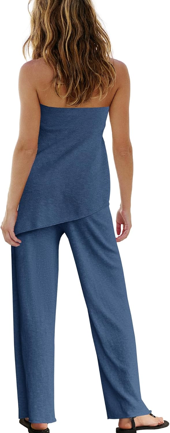 Trendy Two Piece Set – Strapless Knit Top & Wide Leg Pants