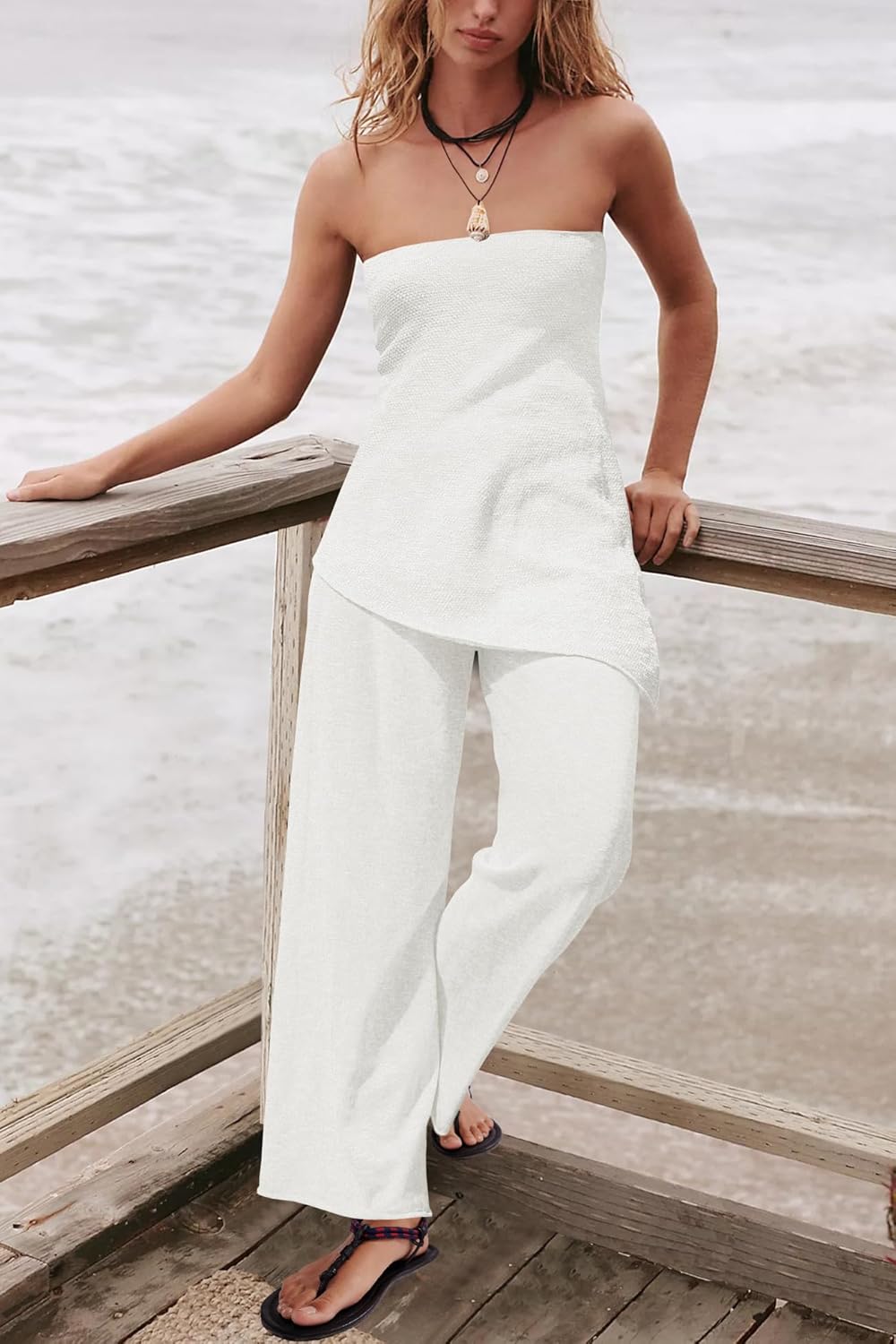 Trendy Two Piece Set – Strapless Knit Top & Wide Leg Pants