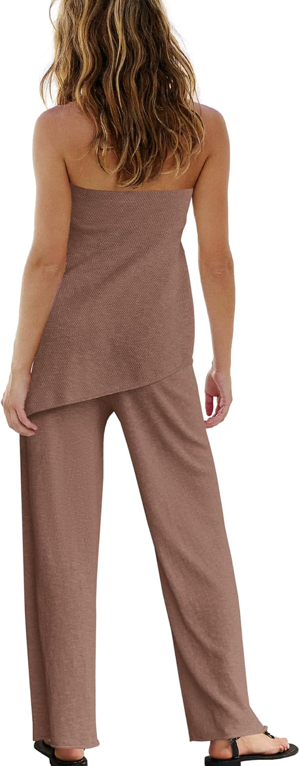 Trendy Two Piece Set – Strapless Knit Top & Wide Leg Pants