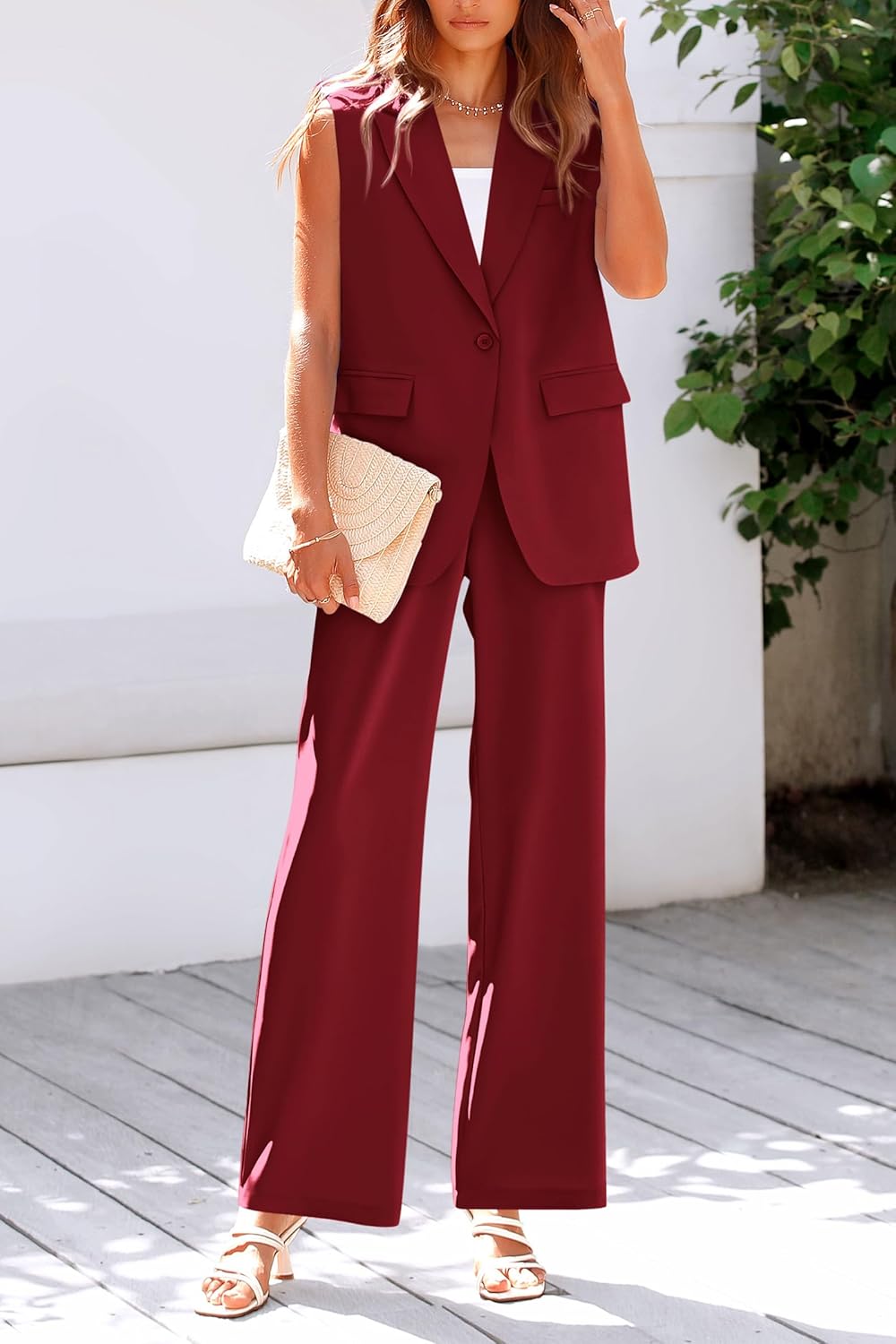 Stylish Two Piece Suit Set – Sleeveless Blazer Vest & Wide Leg Pants