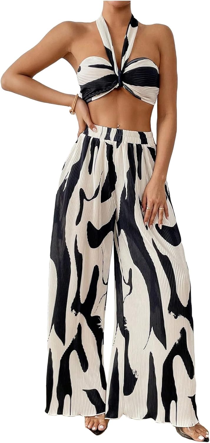 Two Piece Set – Halter Crop Top & Wide Leg Pants