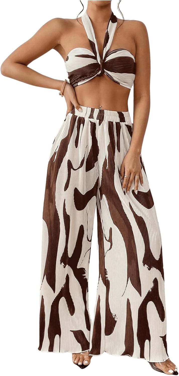 Two Piece Set – Halter Crop Top & Wide Leg Pants
