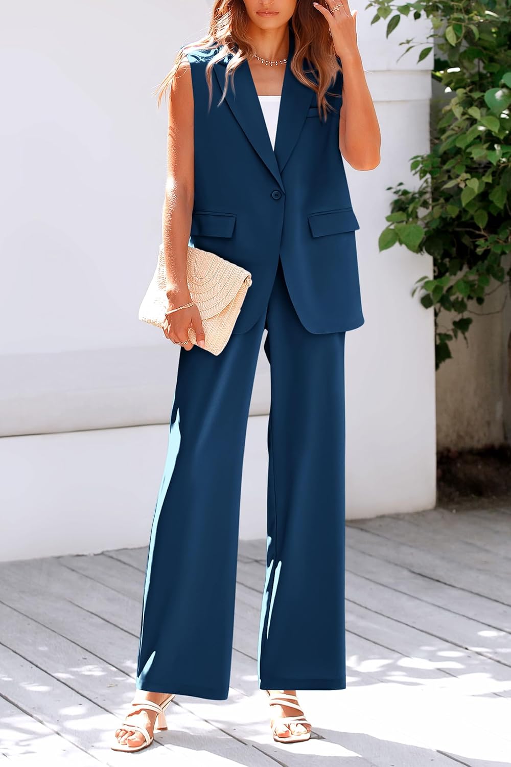 Stylish Two Piece Suit Set – Sleeveless Blazer Vest & Wide Leg Pants