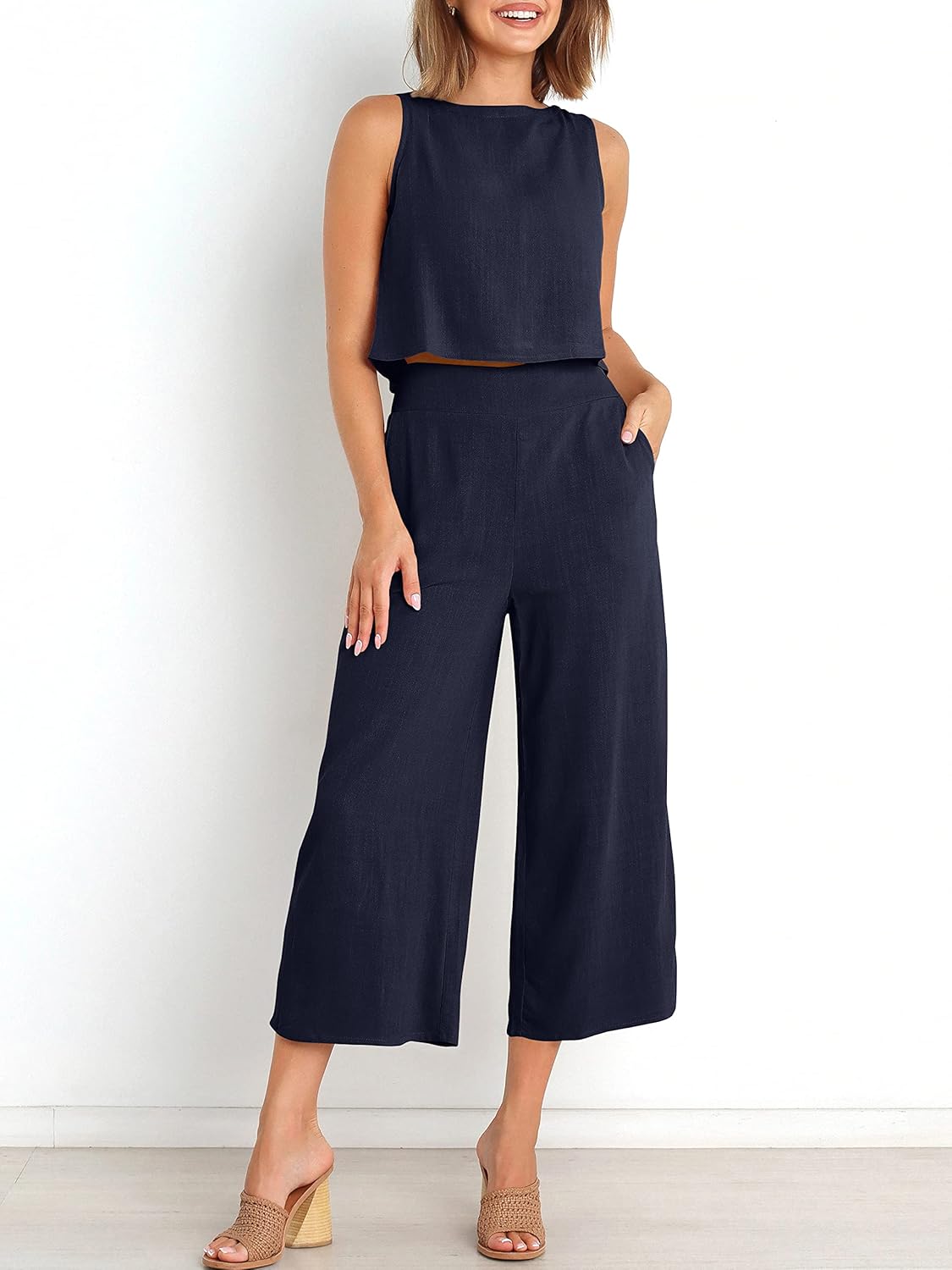 Two Piece Set – Sleeveless Crop Top & Wide Leg Pants