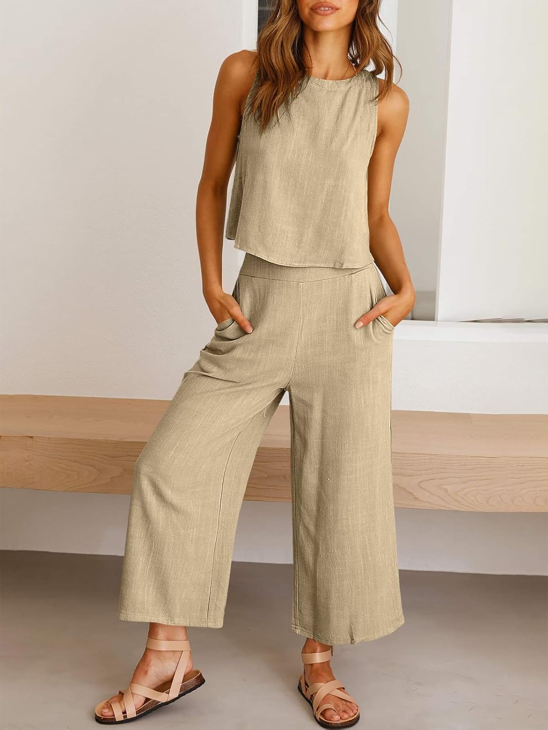 Two Piece Set – Sleeveless Crop Top & Wide Leg Pants