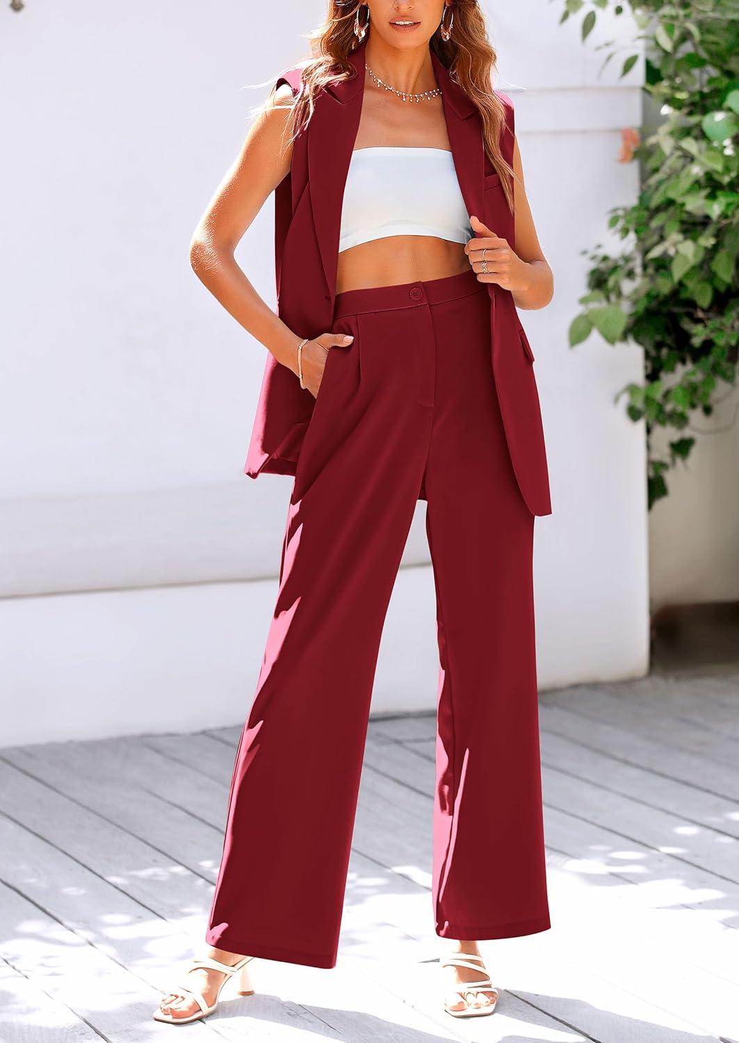 Stylish Two Piece Suit Set – Sleeveless Blazer Vest & Wide Leg Pants