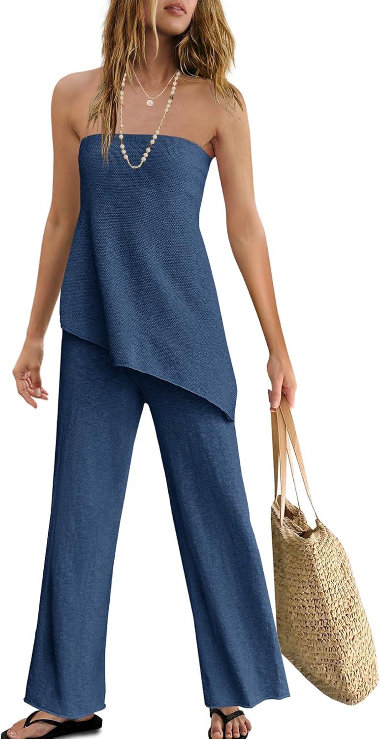 Trendy Two Piece Set – Strapless Knit Top & Wide Leg Pants