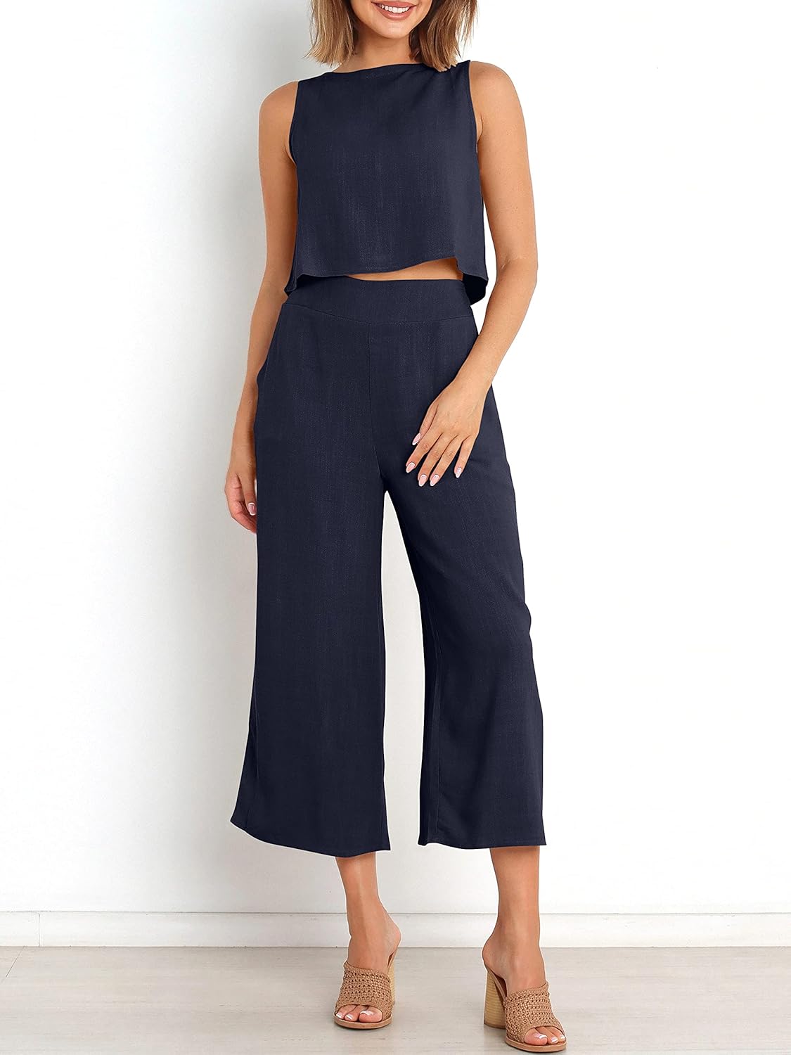Two Piece Set – Sleeveless Crop Top & Wide Leg Pants