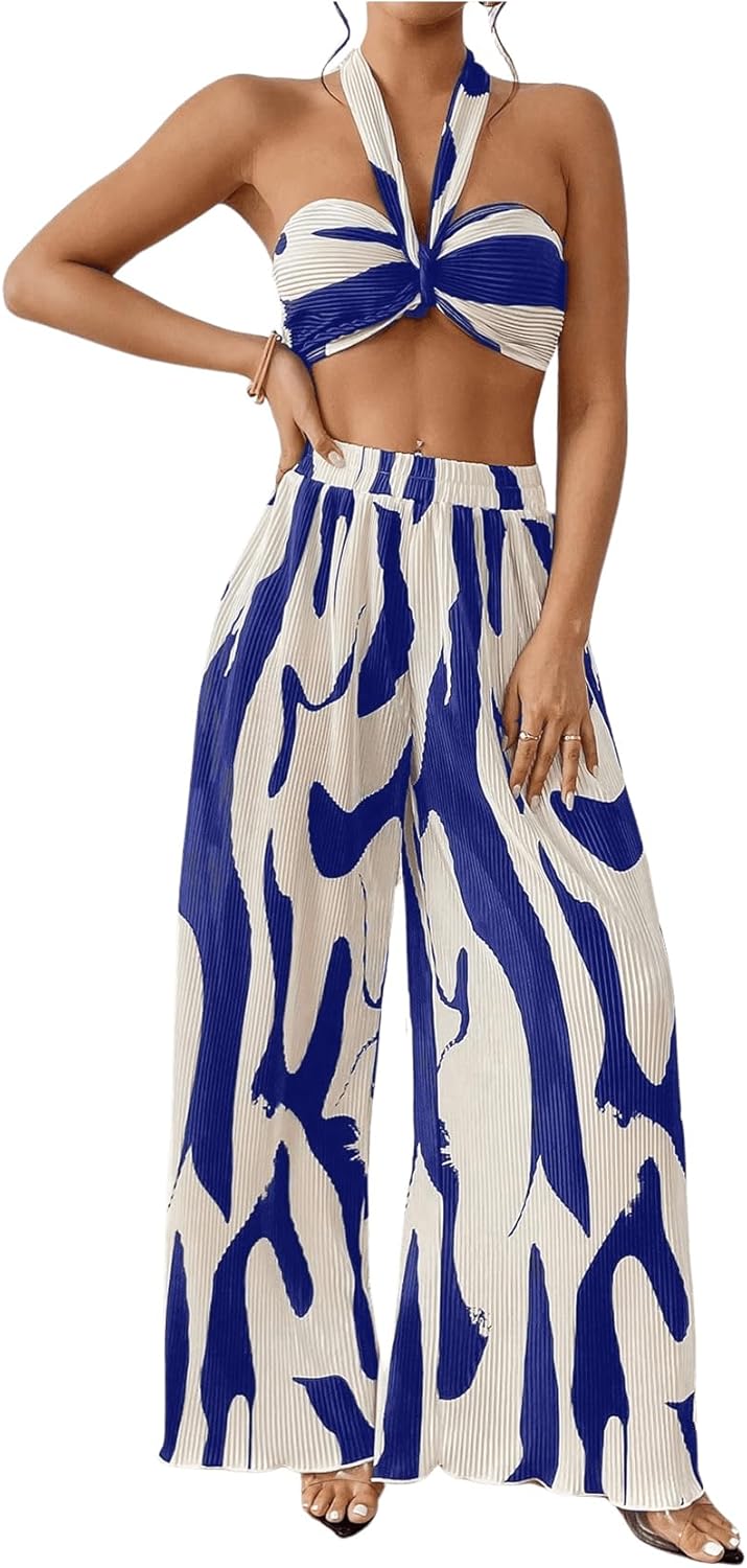 Two Piece Set – Halter Crop Top & Wide Leg Pants