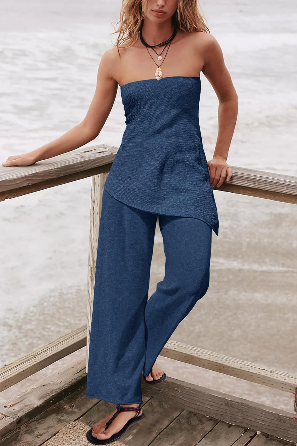 Trendy Two Piece Set – Strapless Knit Top & Wide Leg Pants