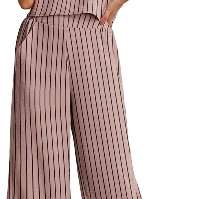 Stripe Jumpsuit – Sleeveless Round Neck Wide Leg Summer Outfit