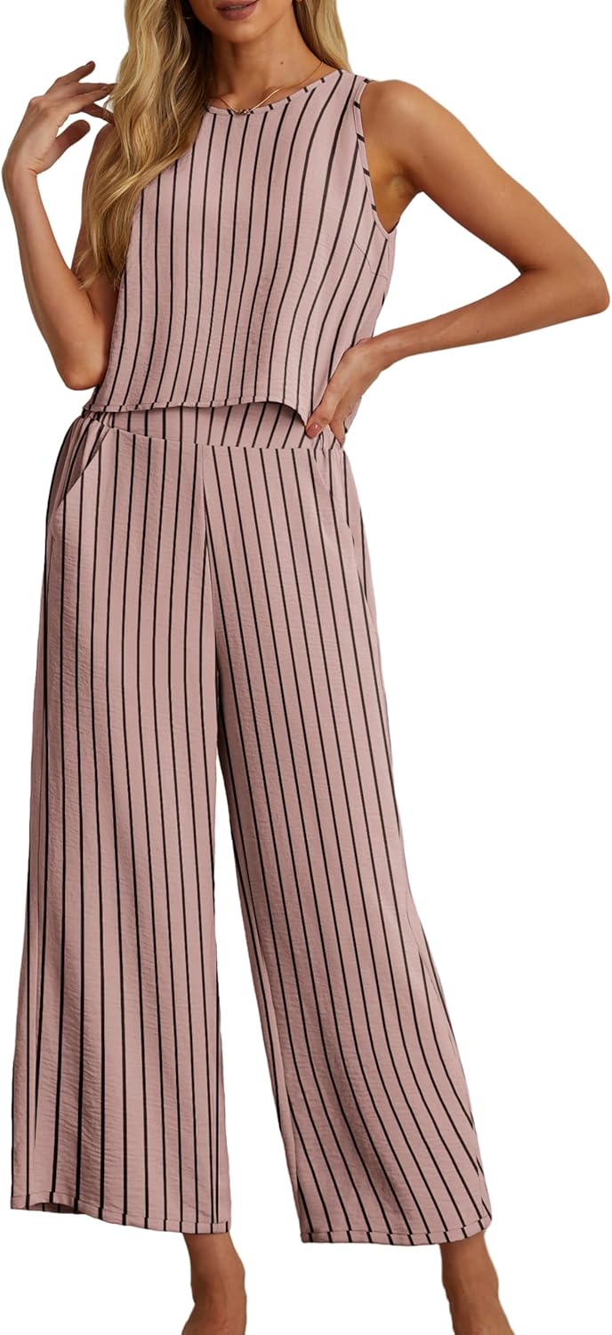 Stripe Jumpsuit – Sleeveless Round Neck Wide Leg Summer Outfit