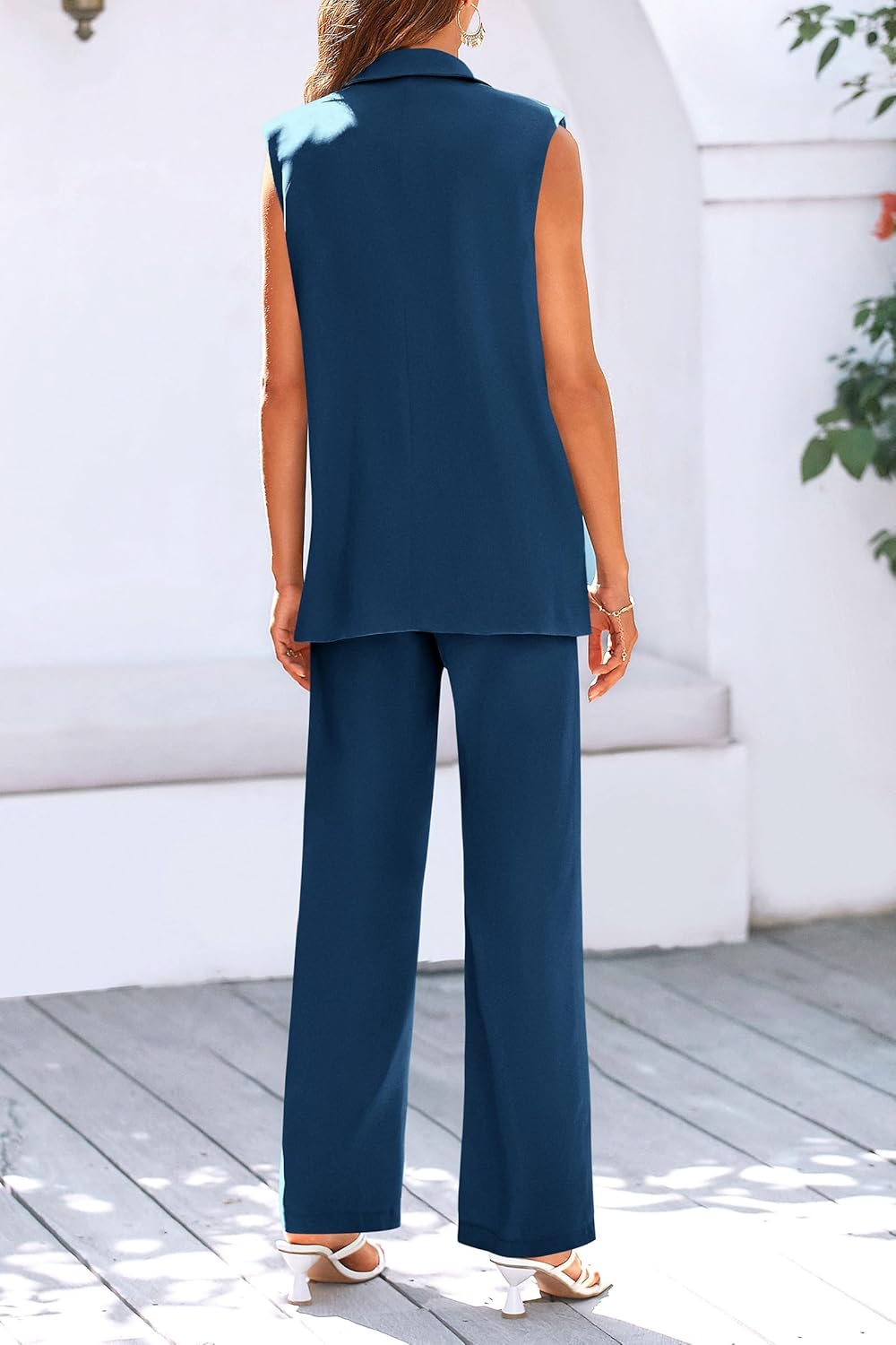 Stylish Two Piece Suit Set – Sleeveless Blazer Vest & Wide Leg Pants