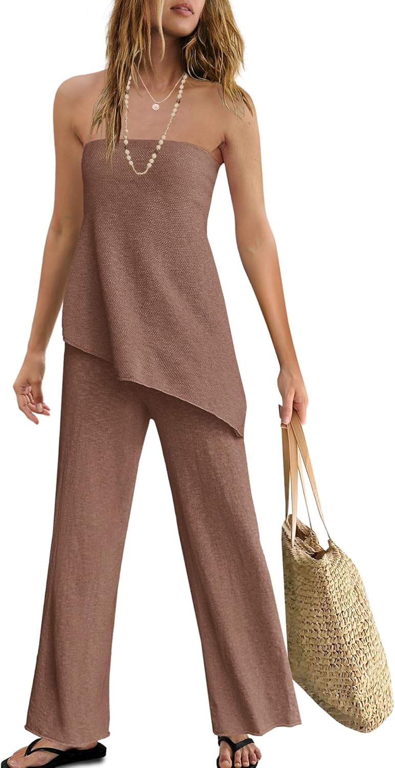 Trendy Two Piece Set – Strapless Knit Top & Wide Leg Pants
