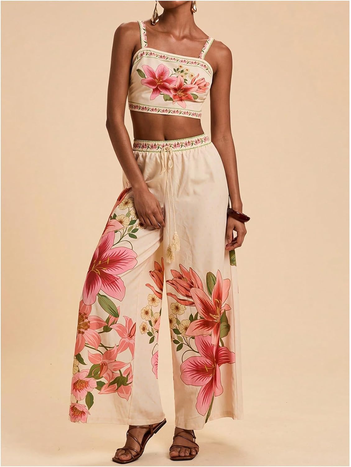 Floral Two Piece Set – Crop Top & Boho Wide Leg Pants