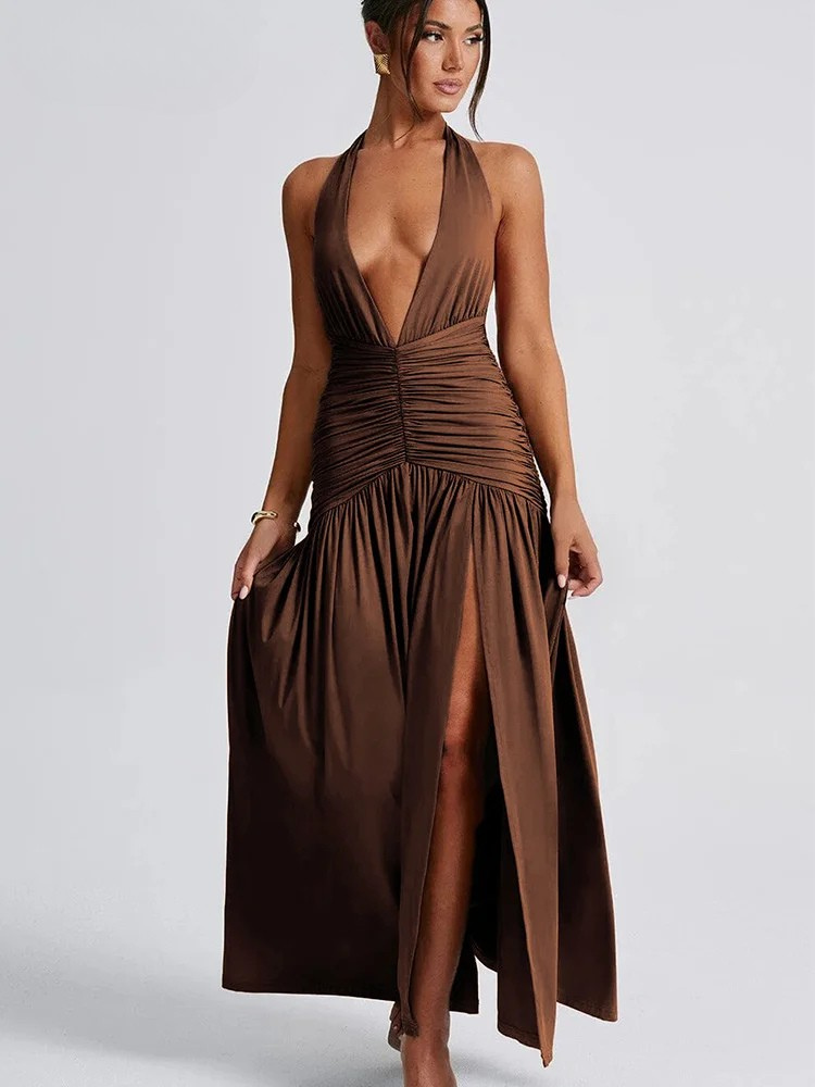 Halter Maxi Dress – Ruched Deep V Split Evening Gown