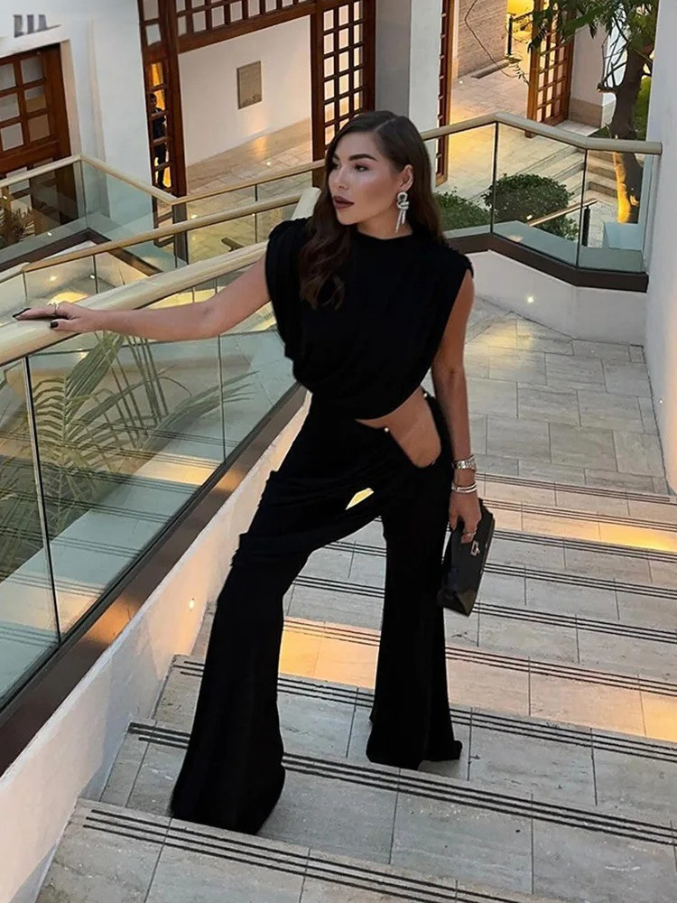 Elegant Draped Crop Top and Wide Leg Pants Set – Evening Outfit