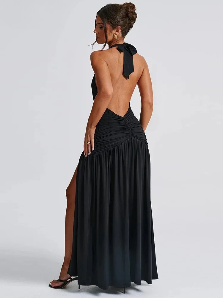 Halter Maxi Dress – Ruched Deep V Split Evening Gown