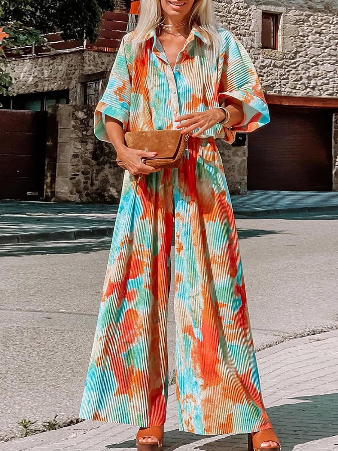 Stylish Printed Jumpsuit – Button Up Wide Leg Loose Fit Outfit
