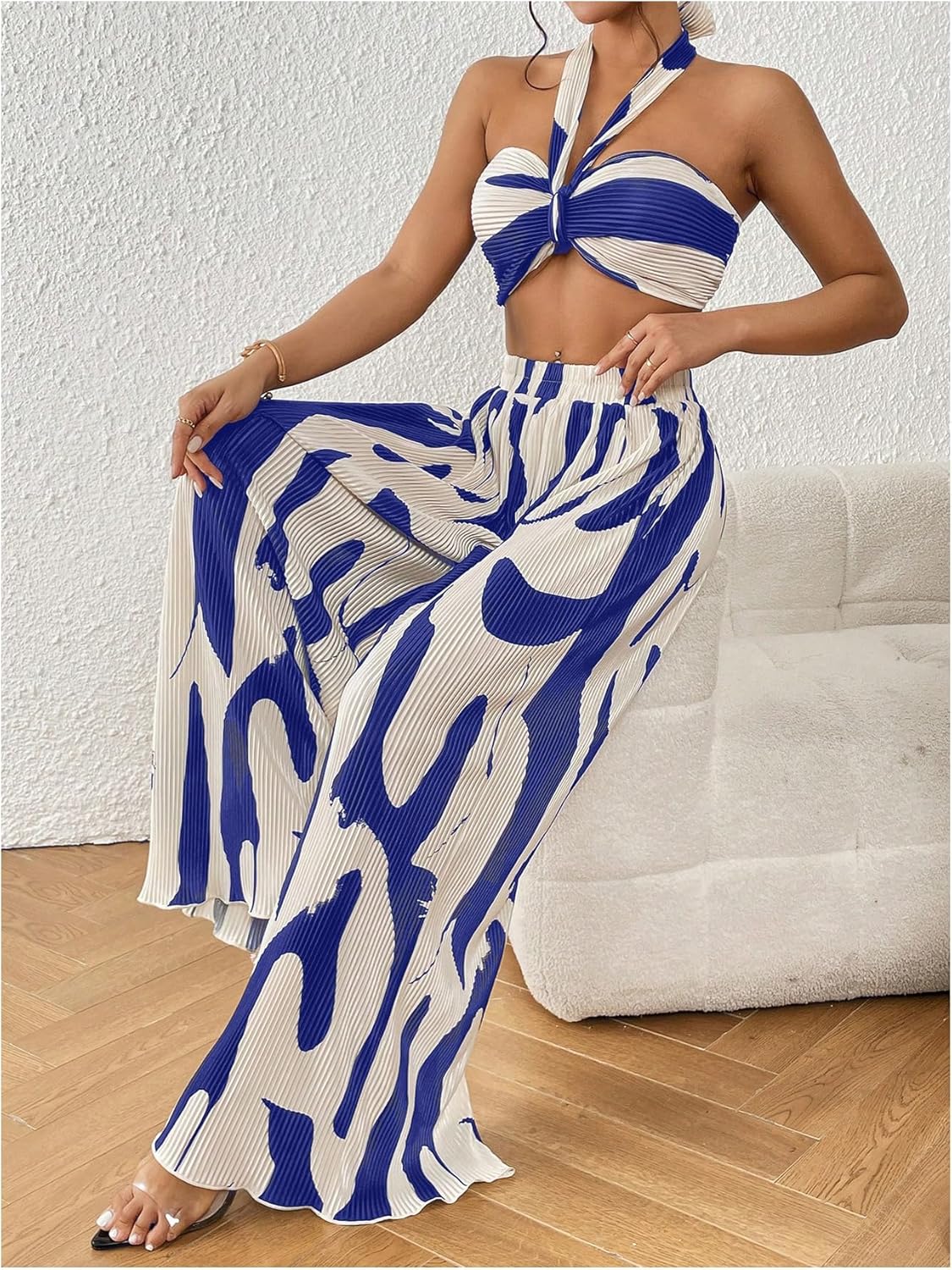 Two Piece Set – Halter Crop Top & Wide Leg Pants