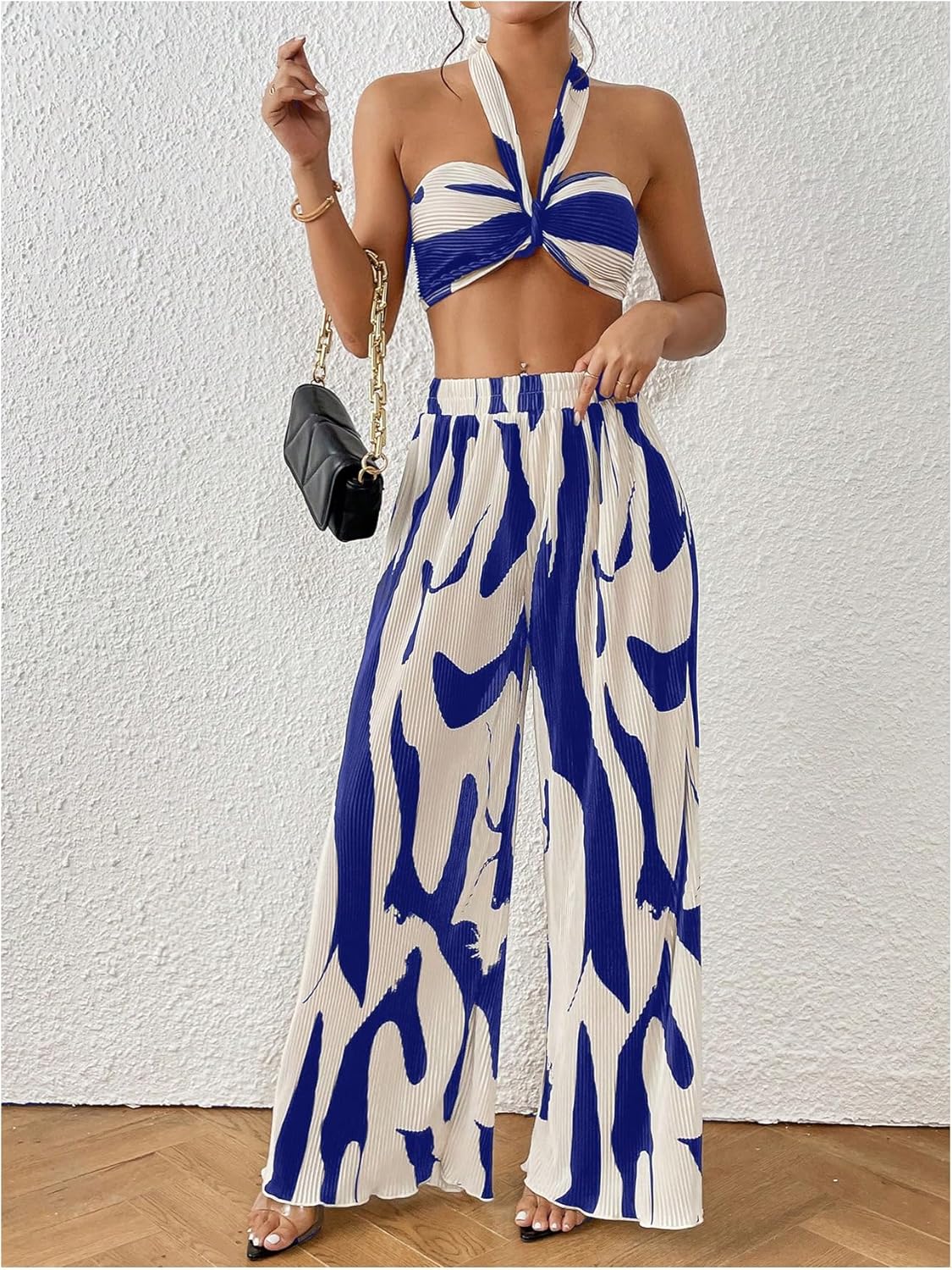 Two Piece Set – Halter Crop Top & Wide Leg Pants