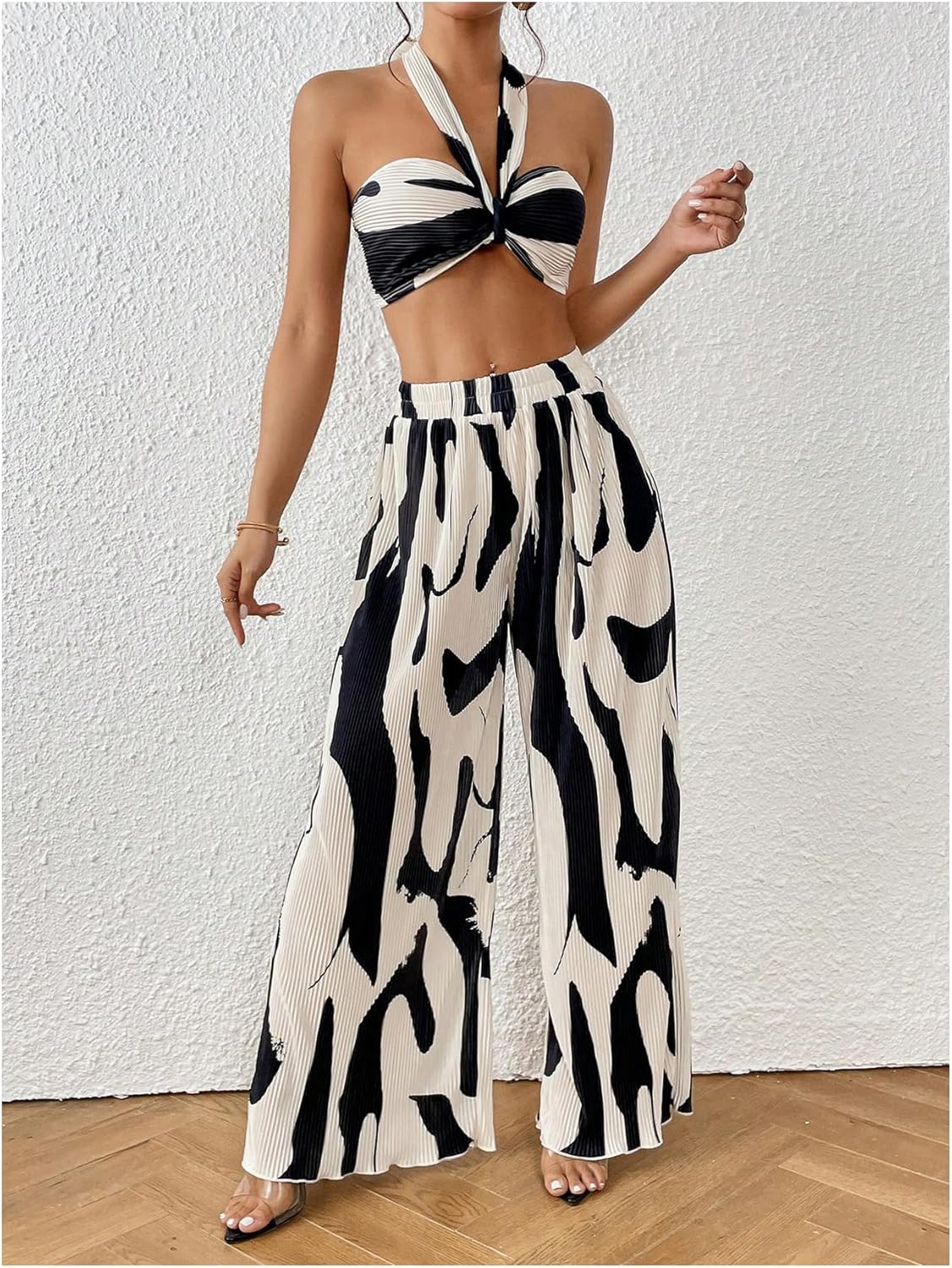 Two Piece Set – Halter Crop Top & Wide Leg Pants