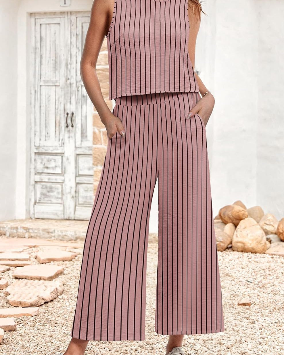 Stripe Jumpsuit – Sleeveless Round Neck Wide Leg Summer Outfit