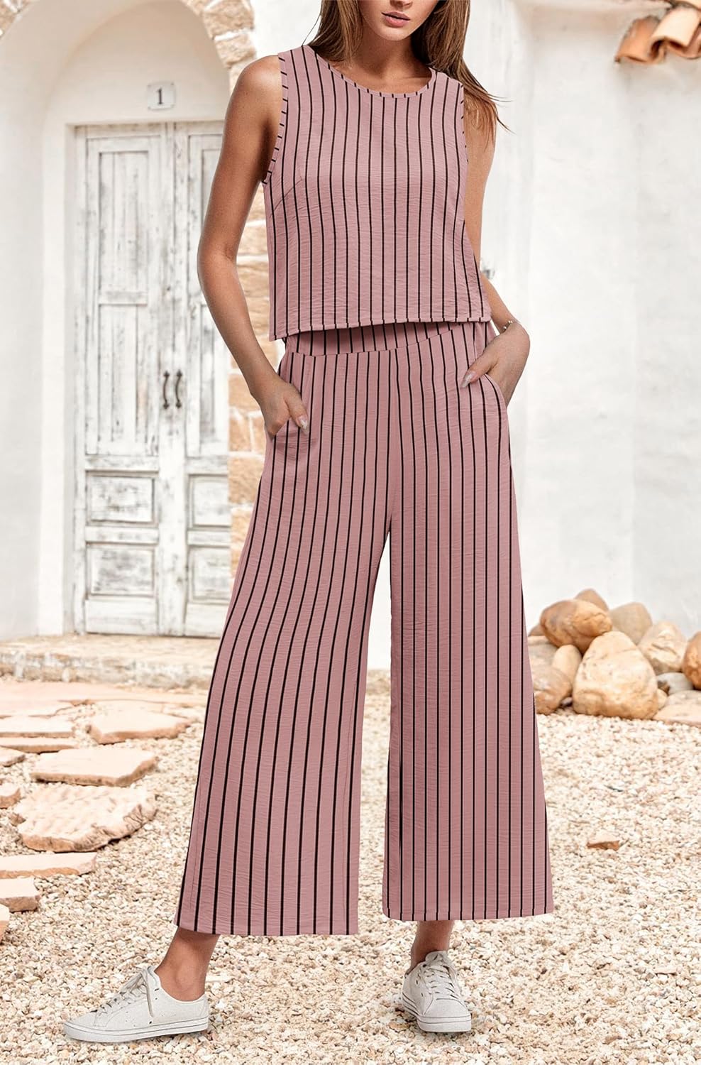 Stripe Jumpsuit – Sleeveless Round Neck Wide Leg Summer Outfit