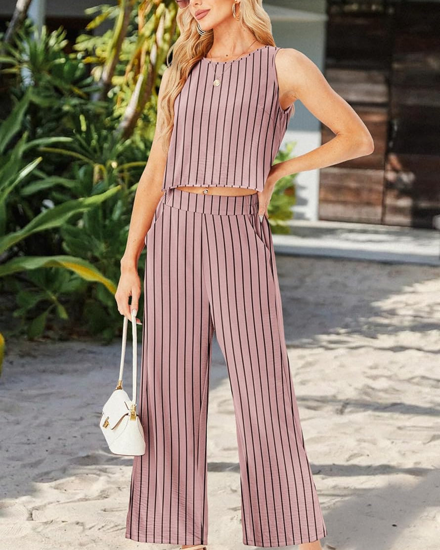 Stripe Jumpsuit – Sleeveless Round Neck Wide Leg Summer Outfit