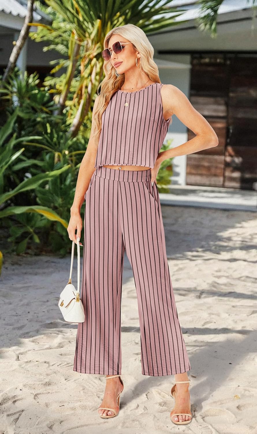 Stripe Jumpsuit – Sleeveless Round Neck Wide Leg Summer Outfit