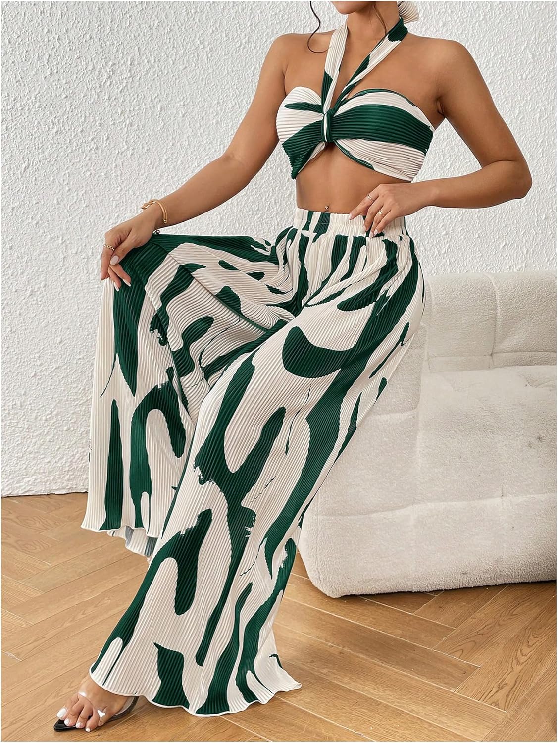 Two Piece Set – Halter Crop Top & Wide Leg Pants