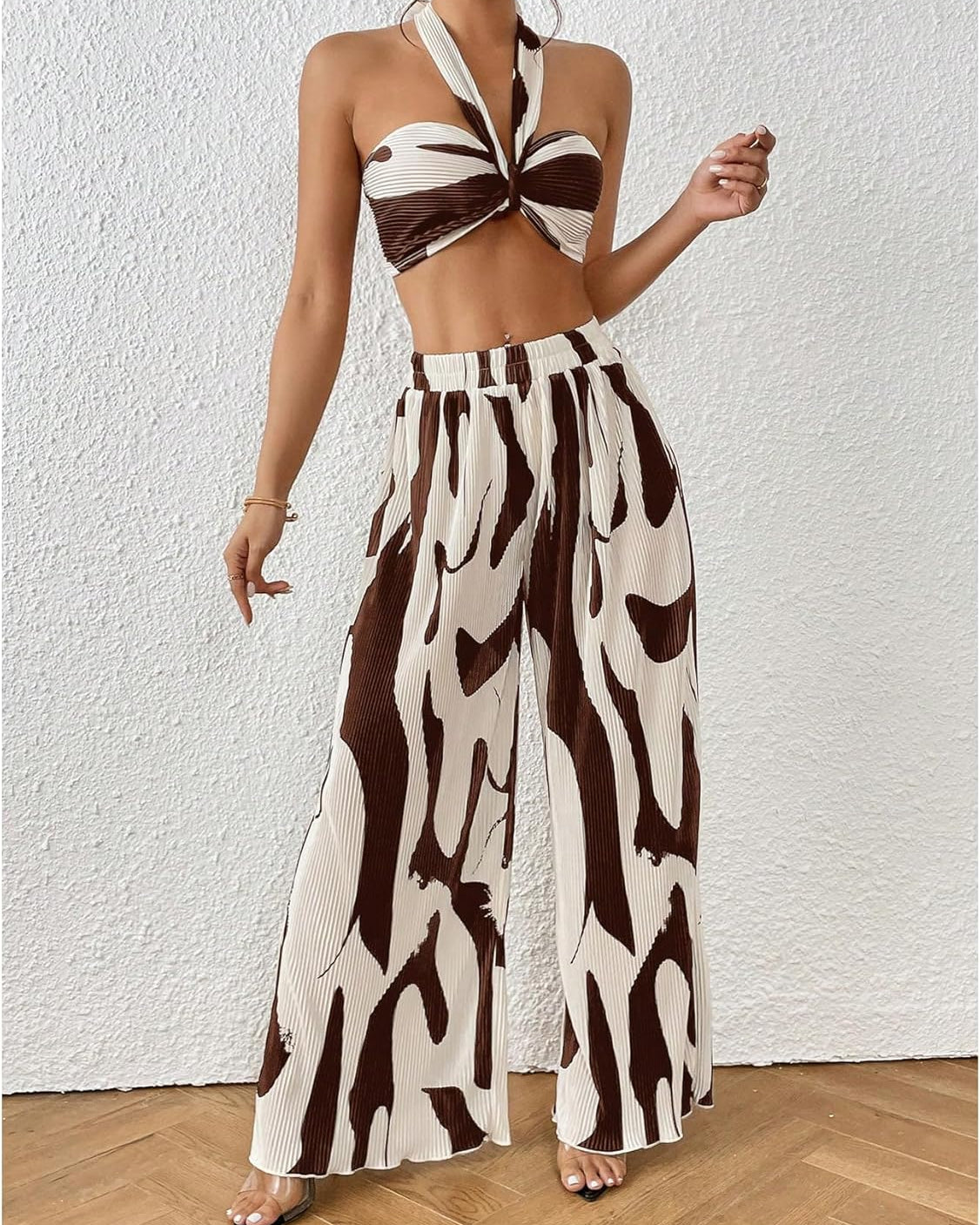 Two Piece Set – Halter Crop Top & Wide Leg Pants