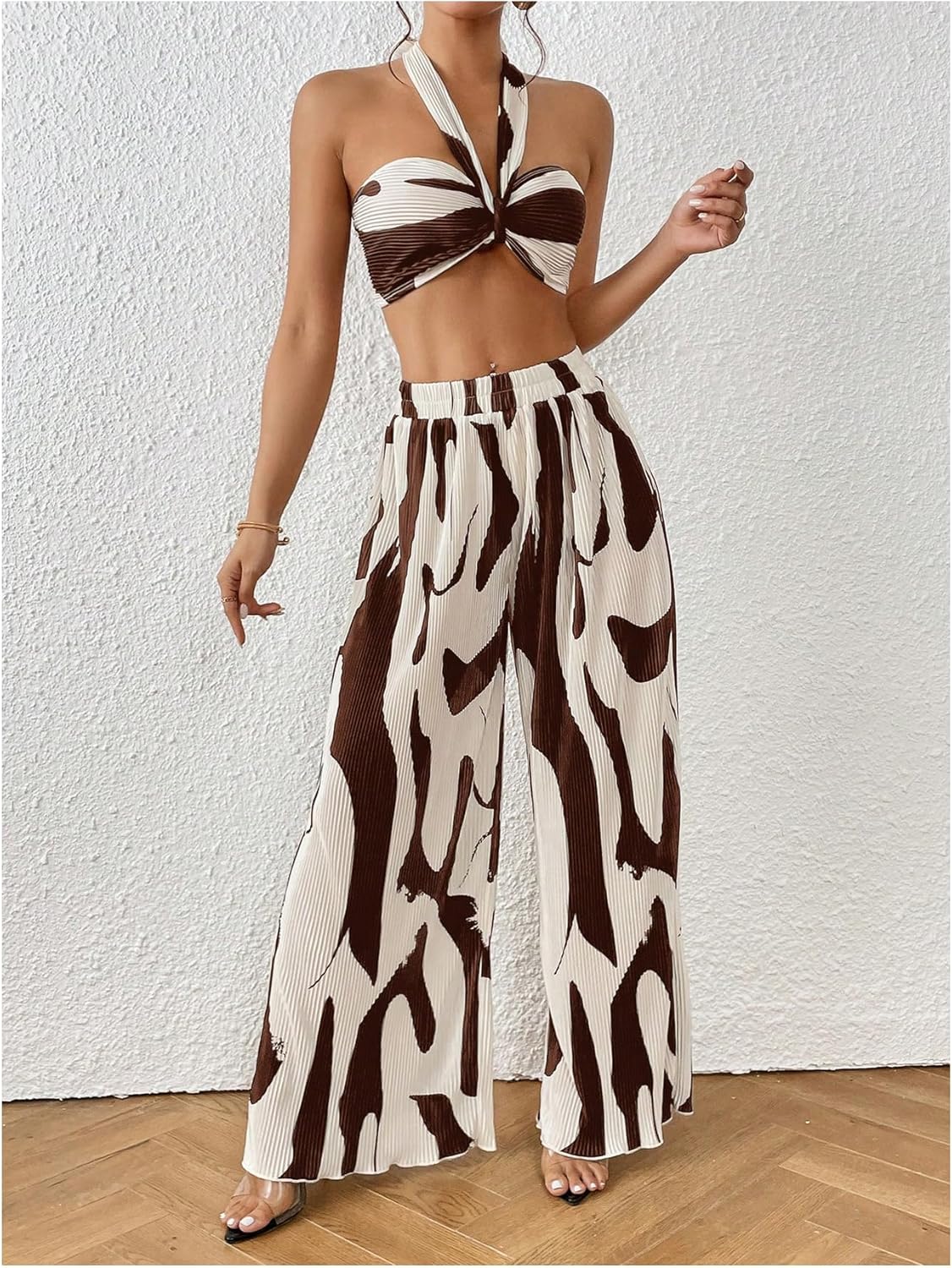 Two Piece Set – Halter Crop Top & Wide Leg Pants