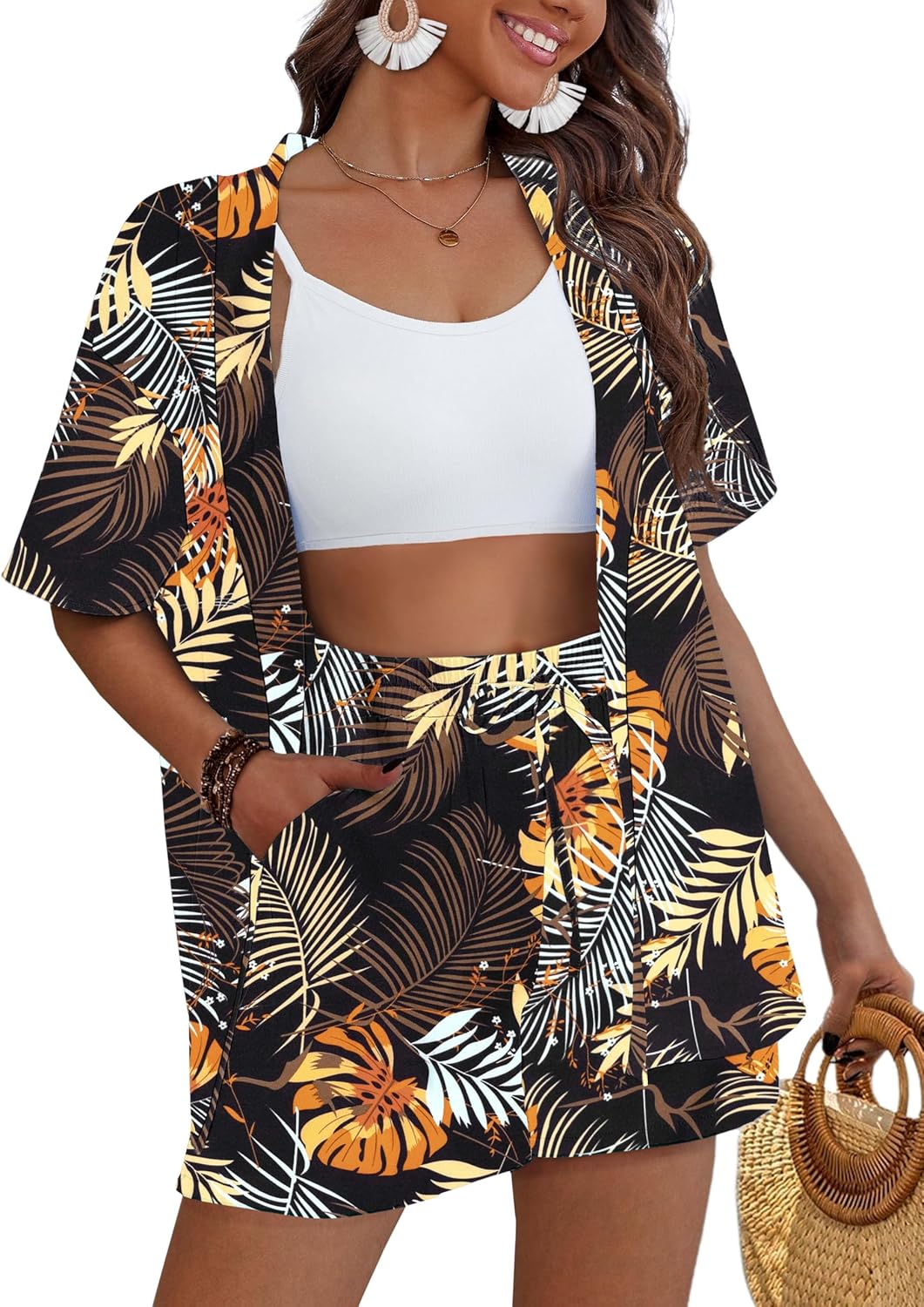Printed Two Piece Set – Kimono Shirt & Shorts Beachwear Cover Up