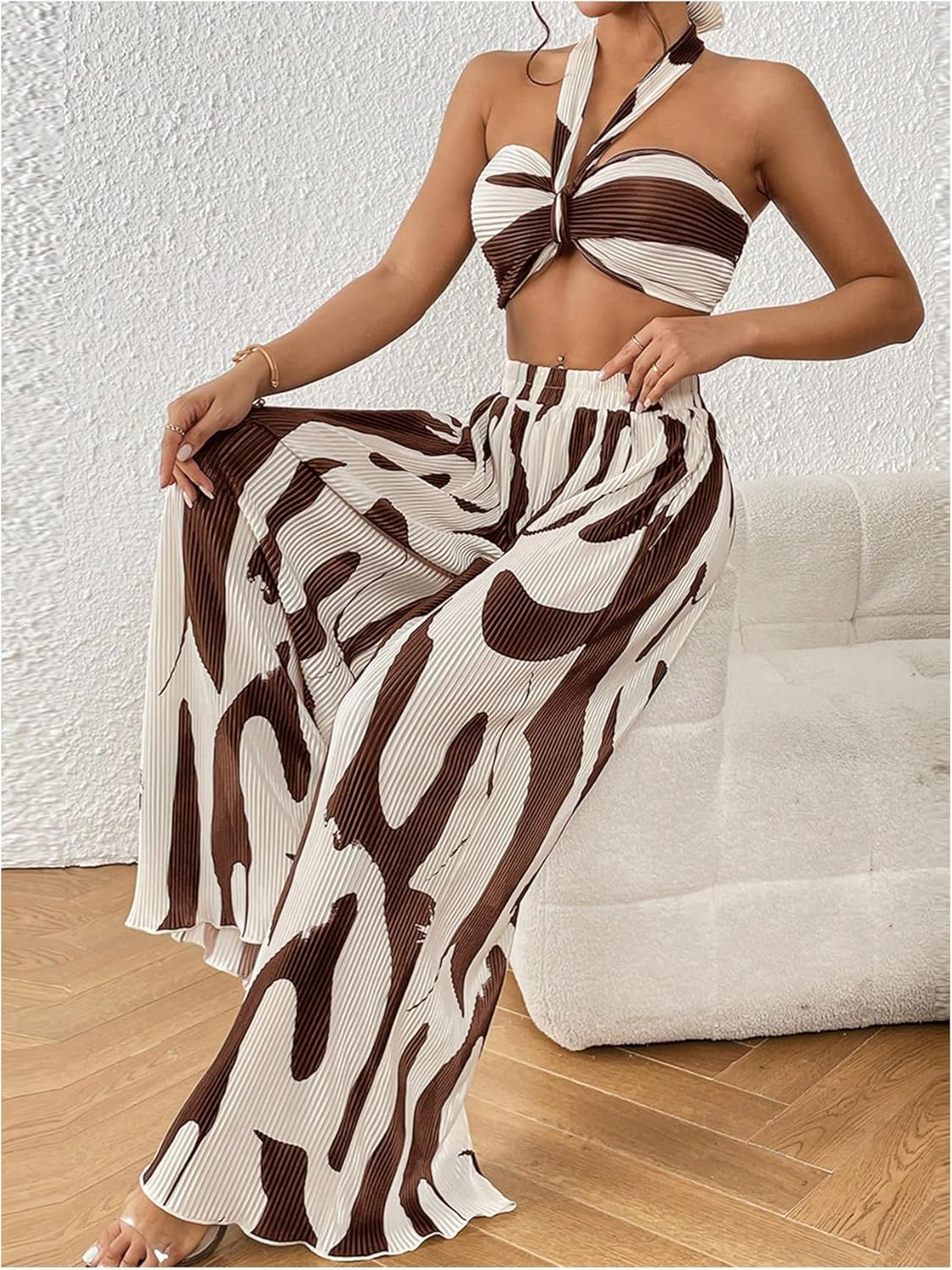 Two Piece Set – Halter Crop Top & Wide Leg Pants