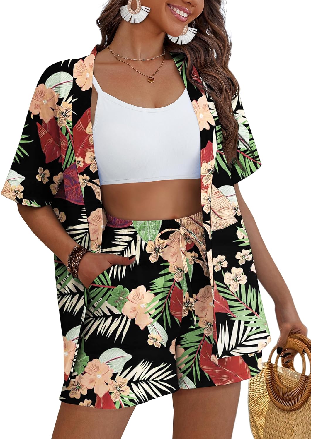 Printed Two Piece Set – Kimono Shirt & Shorts Beachwear Cover Up