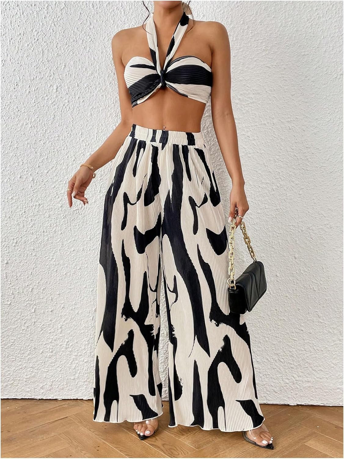 Two Piece Set – Halter Crop Top & Wide Leg Pants