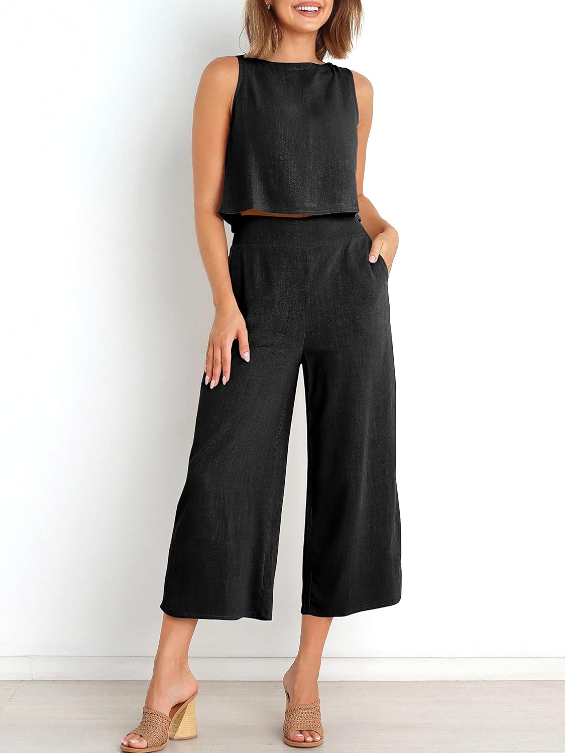 Two Piece Set – Sleeveless Crop Top & Wide Leg Pants